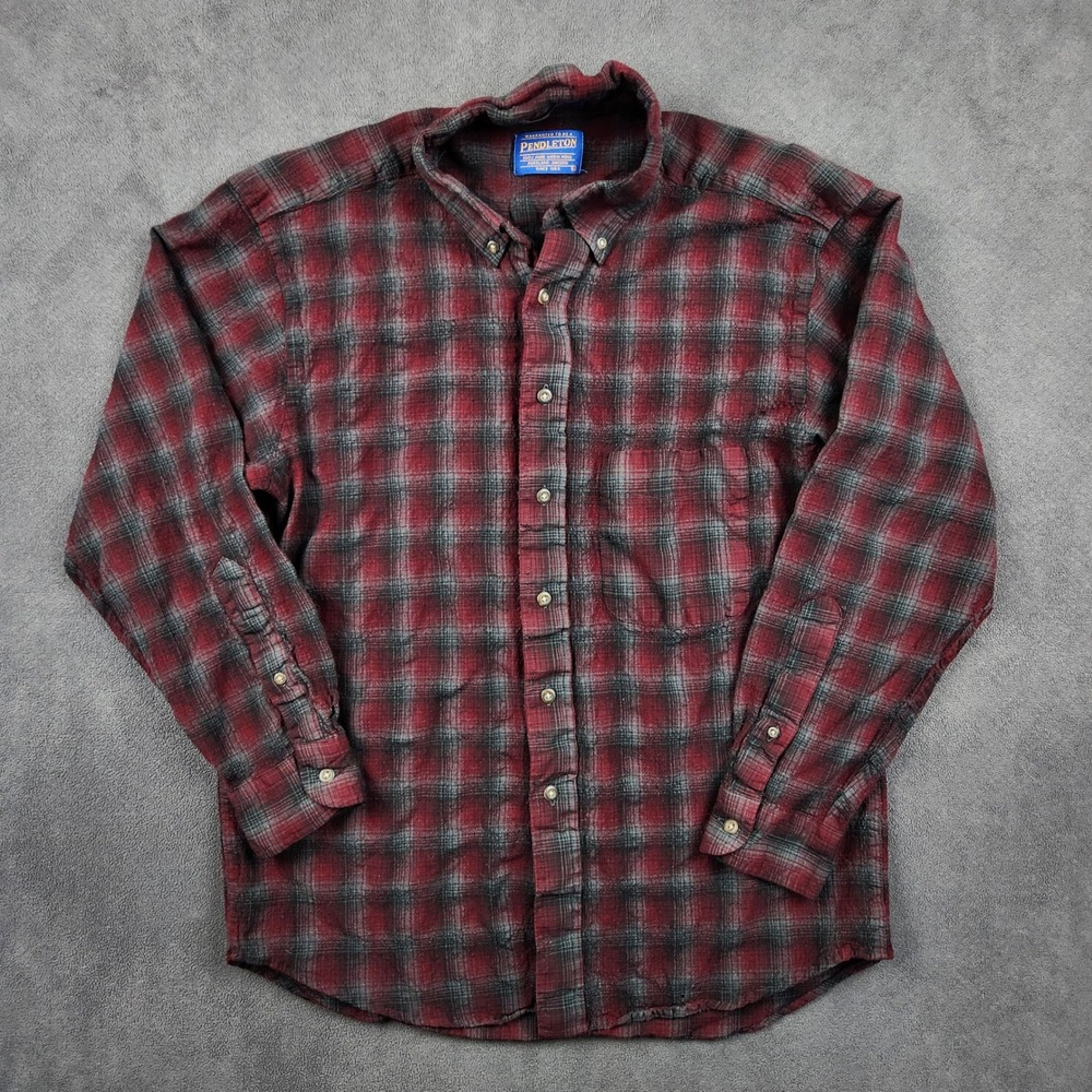 Pendleton Shirt Mens Large Red Gray Plaid Worsted Wool Long Sleeve Button Up